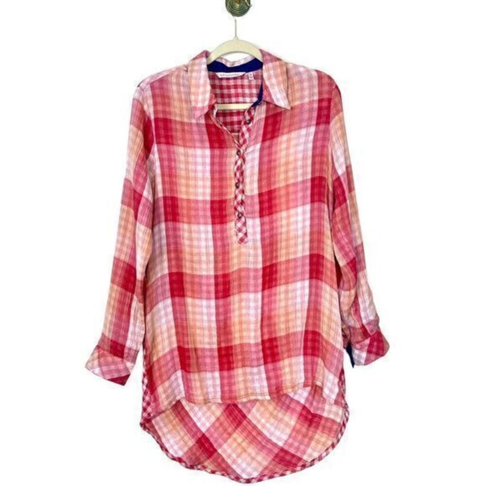 Soft Surroundings Gauze Tunic Shirt Medium Red Cream Plaid Long Sleeve Pullover
